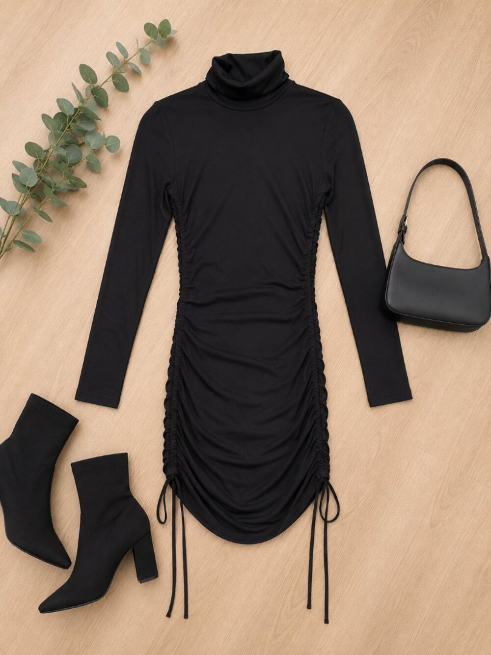 Forever 21 Ruched Mock Neck Mini Dress | Women's Medium | Black | NWT